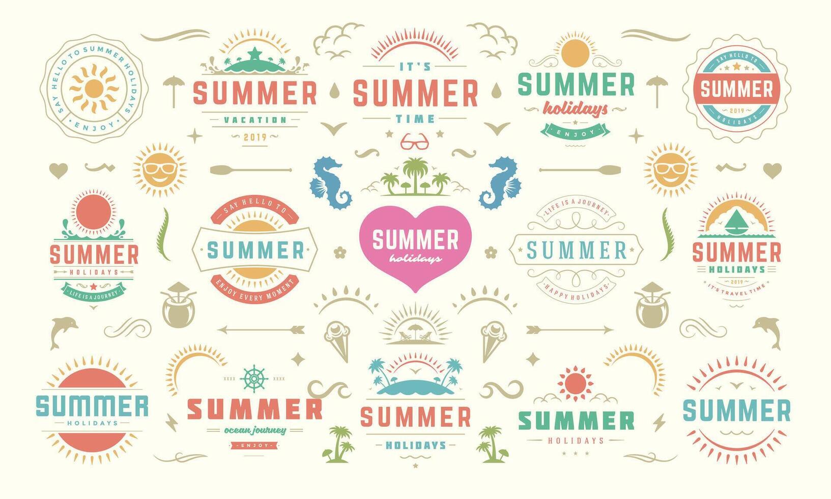 Summer labels and badges design set retro typography for posters, greeting cards and banners. vector