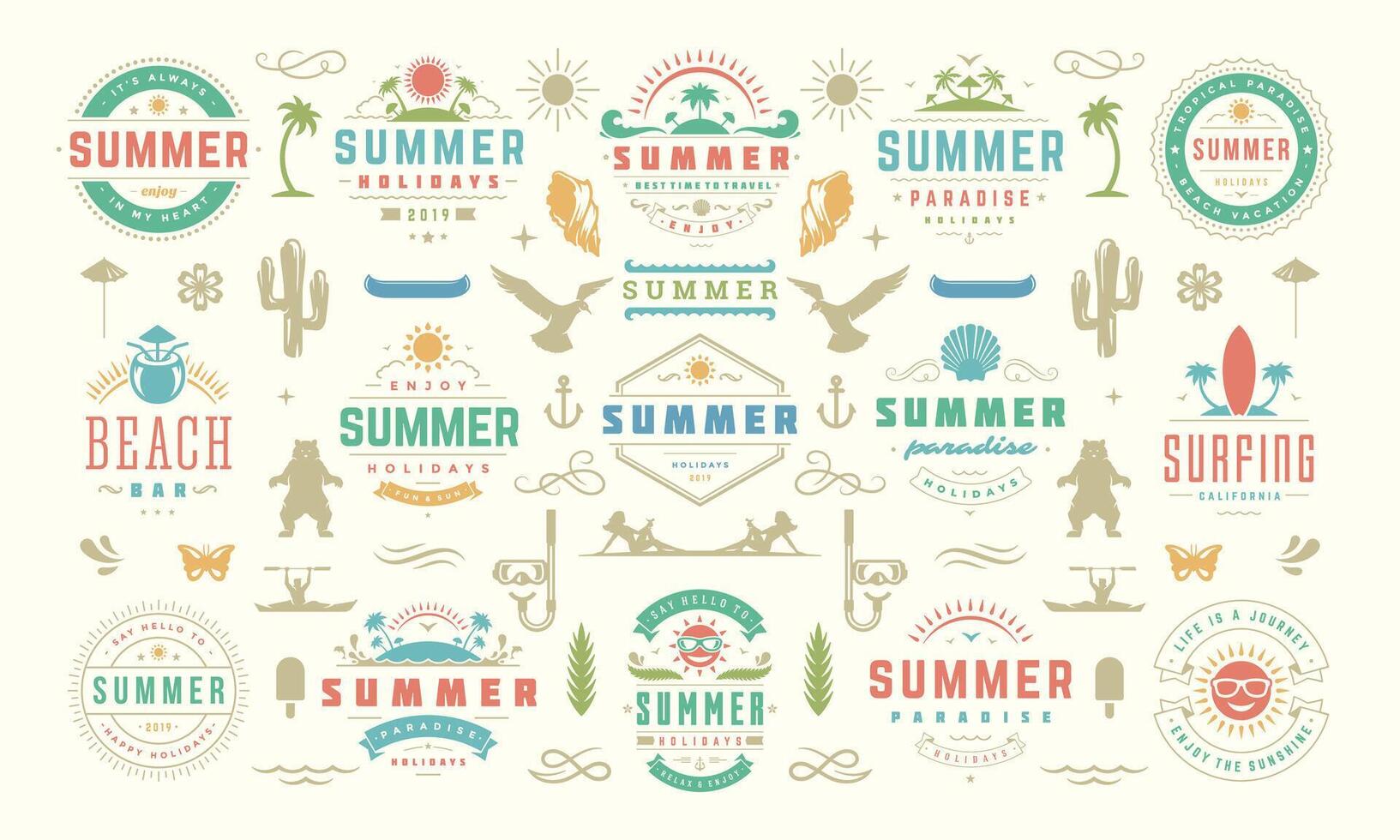 Summer labels and badges design set retro typography for posters, greeting cards and banners. vector