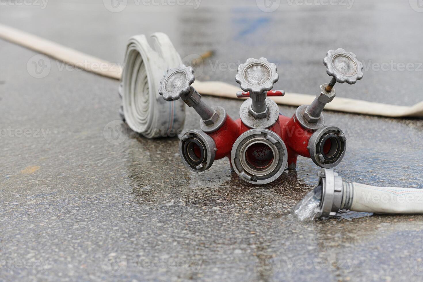 Coiled Fire Hose Ready for Action on the Ground photo
