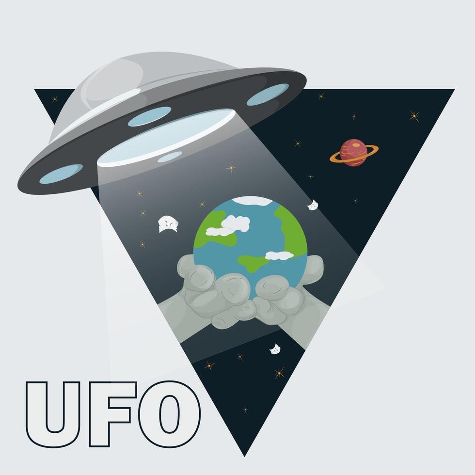 Flat illustration of the aliens palms holding the earth background in the form of a triangle UFO hovering above vector