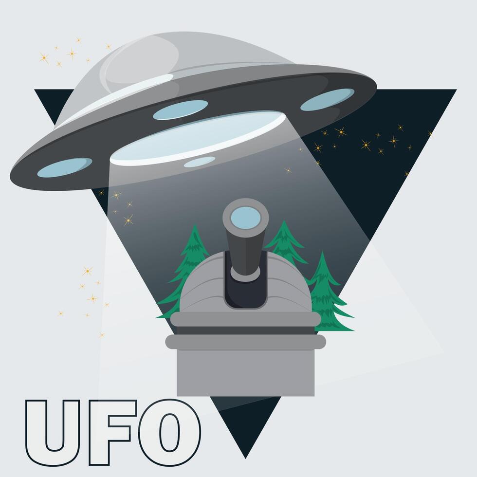 A flat illustration of a UFO flying saucer hovering over the observatory building with a telescope on the roof background in the form of a triangle vector