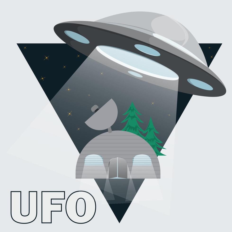 A flat illustration of a UFO flying saucer hovering over a hangar with a radio telescope on the roof background in the form of a triangle vector