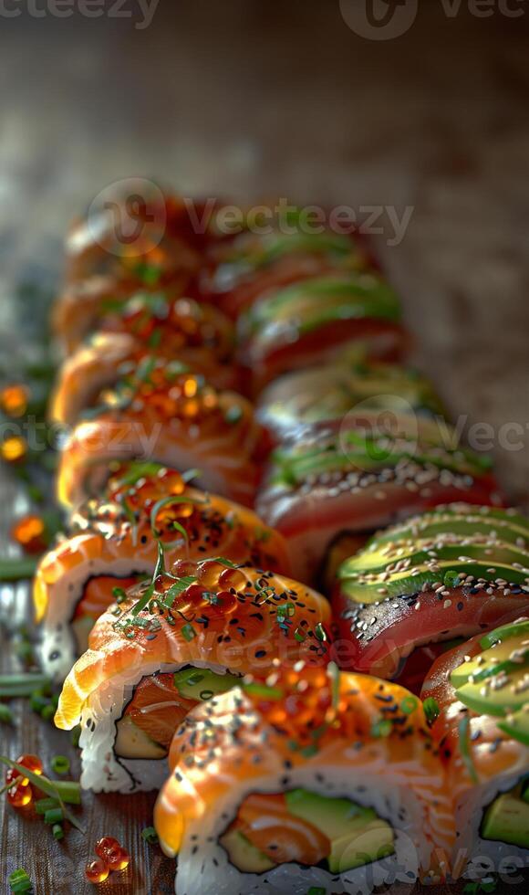 Close-up of sushi rolls with colorful fish, avocado, and garnishes. Clear facial features. photo