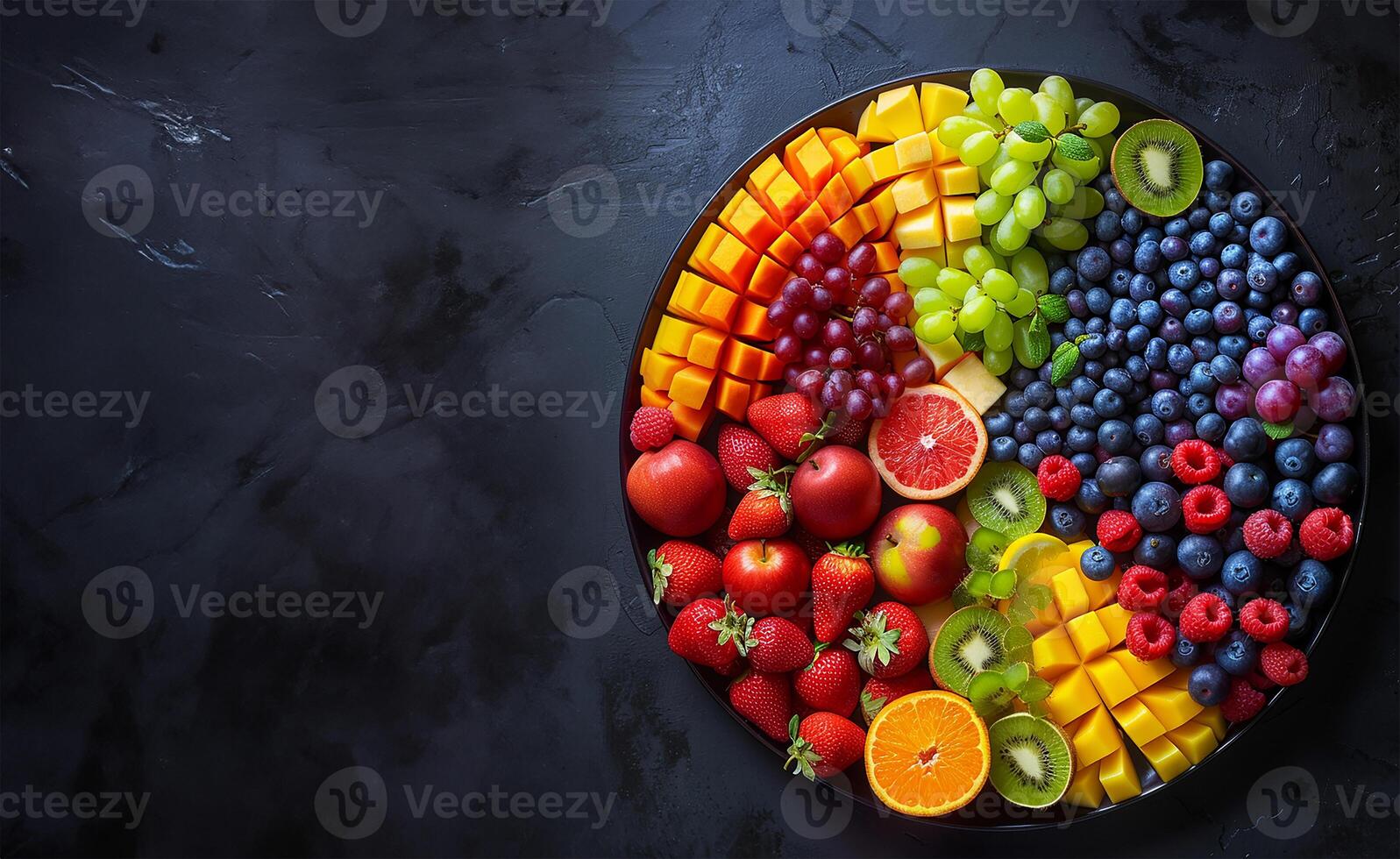 Overhead shot of a vibrant fruit platter arranged in a rainbow pattern. Background . photo