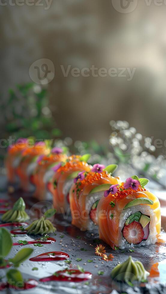 Close-up of sushi rolls with colorful fish, garnishes and avocado. Background with Copy Space. photo