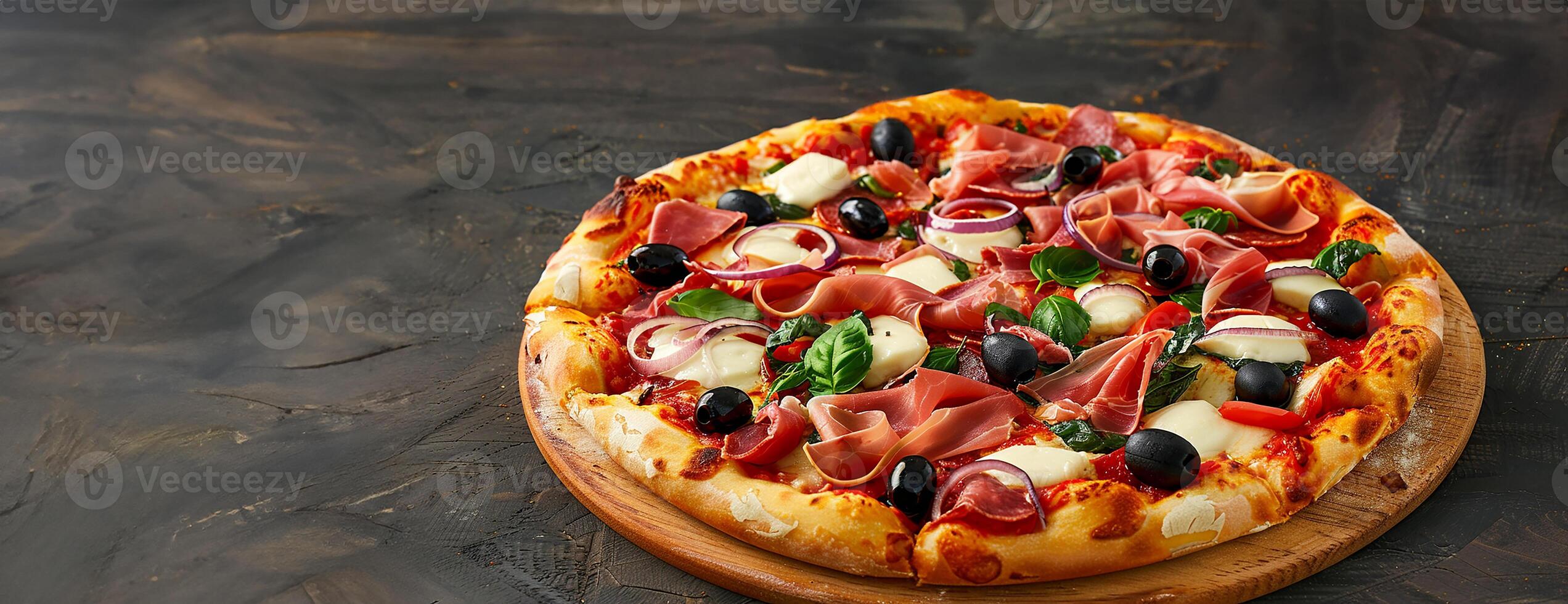 Healthy pizza with some tomato sauce, dried herbs, onions, black olives, green olives, mozzarella, photo