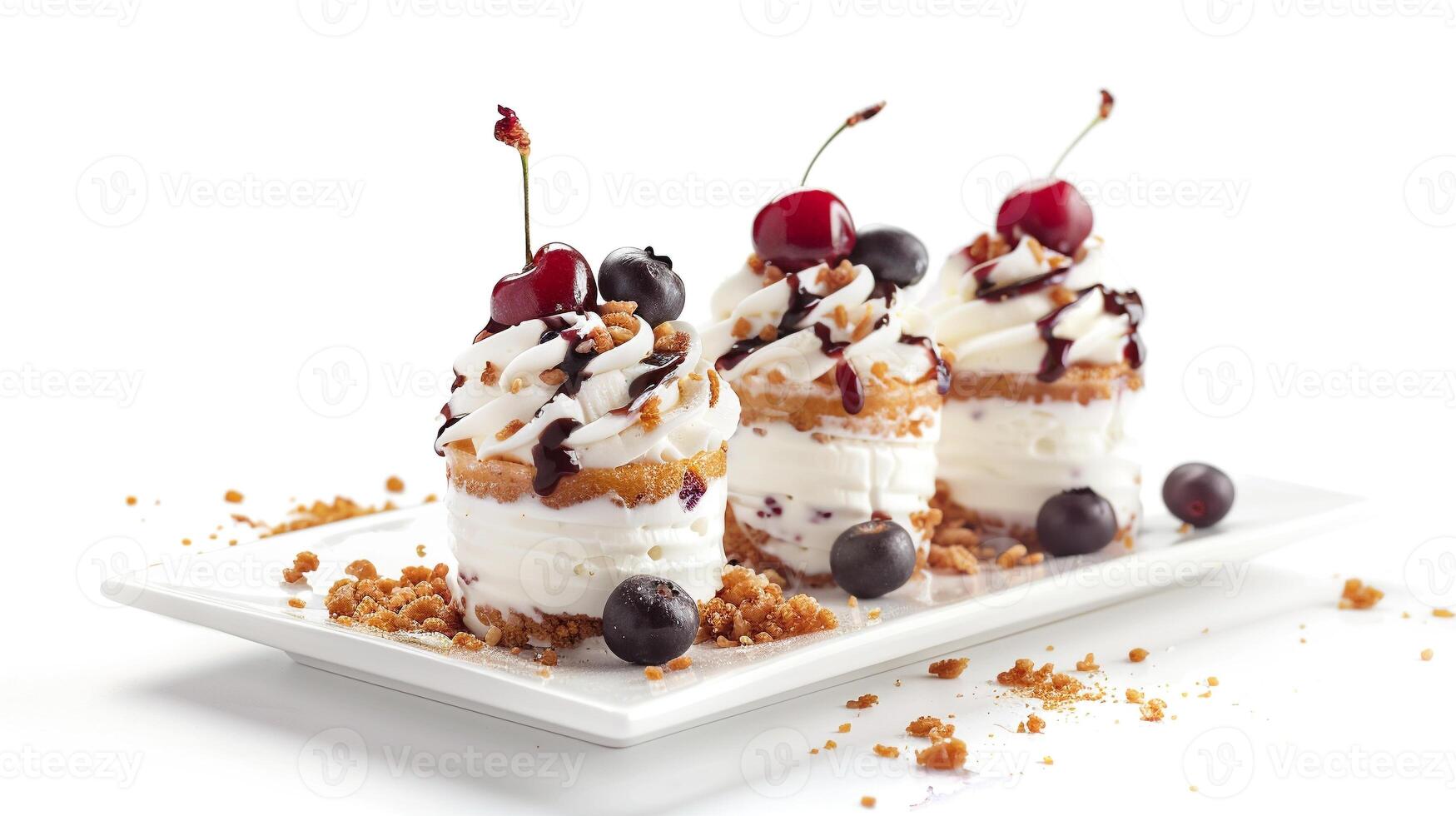 Party dessert table. Mini Cherry and Blueberry Greek Yogurt Parfaits in a plastic cup. ai photo