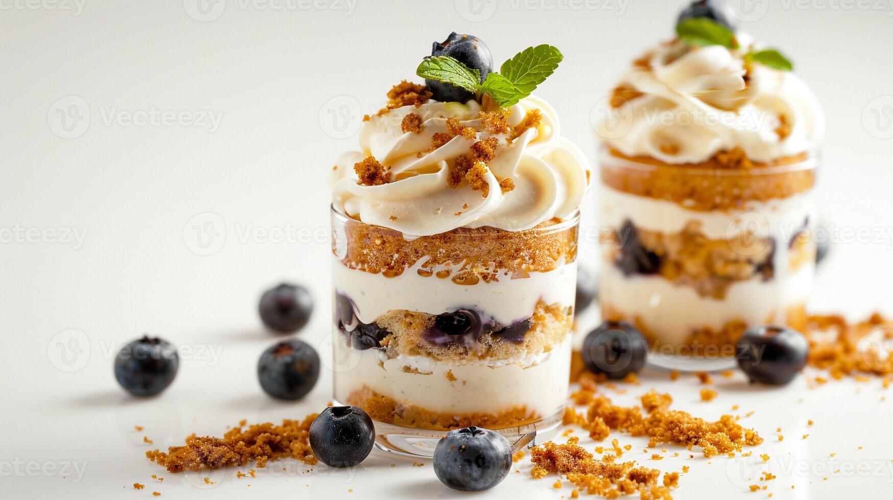 Party dessert table. Mini Blueberry and Cherry Greek Yogurt Parfaits in a plastic cup. ai photo