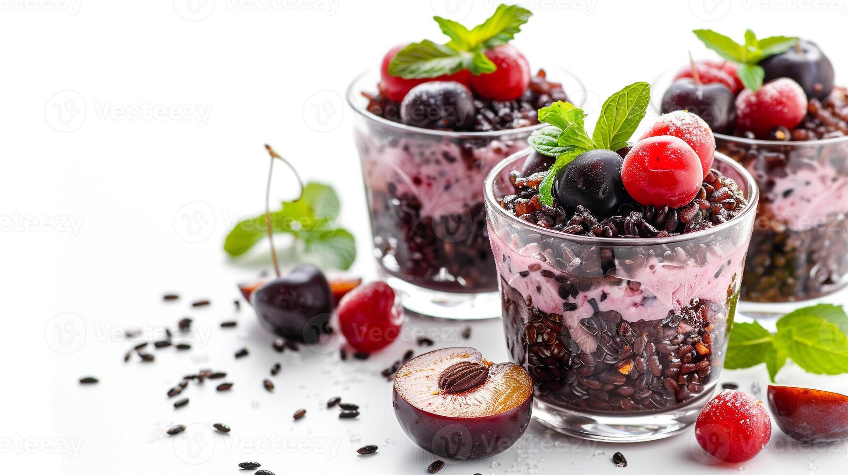 Finger food, Black Rice Salad with Cherries and Plums in a plastic cup, party snack table. ai photo