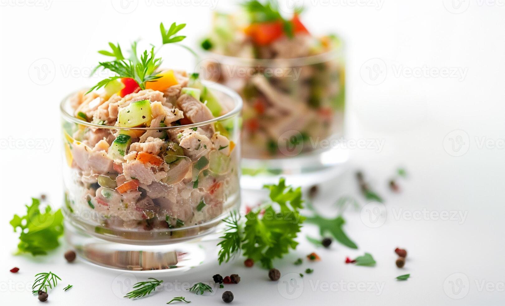 Delicious Finger Food. Italian Tuna Salad in a plastic cup, party snack table. ai photo