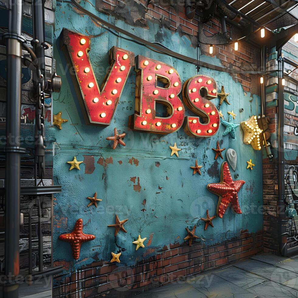 VBS ,Vacation Bible School, aquatic sign on a rustic wall with Rocky Beach decorations. Copy space photo