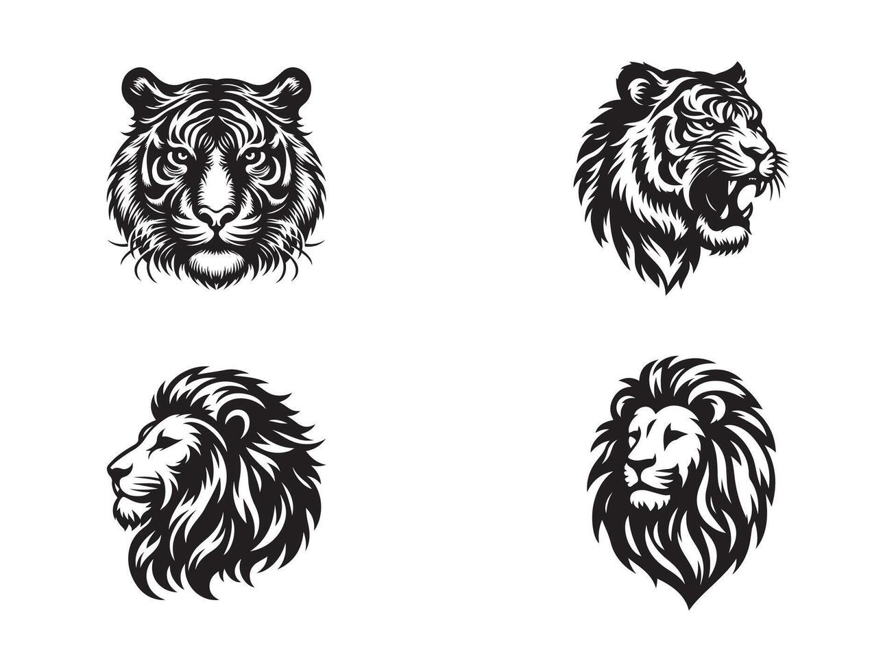 Set of lion and tiger head silhouette art illustration vector