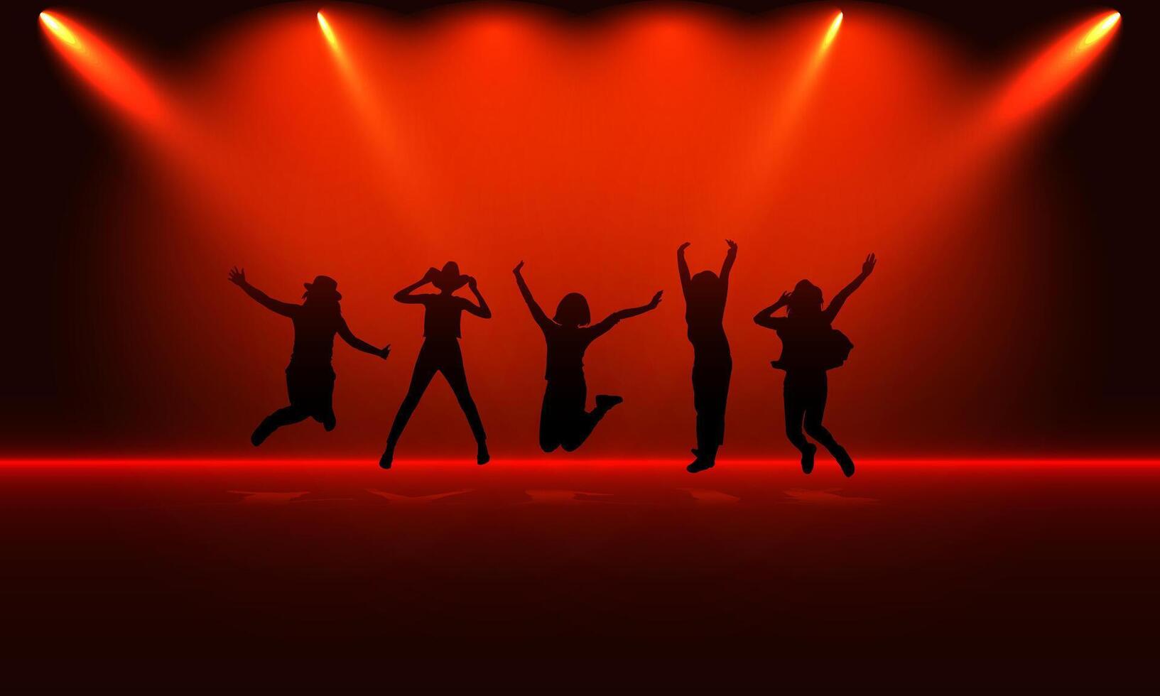 silhouette Group People Jump with Red Spotlight Background illustration concept Happy Success vector