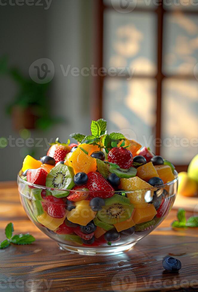 Mixed fruit salad in a clear glass bowl, showcasing layers and textures. photo
