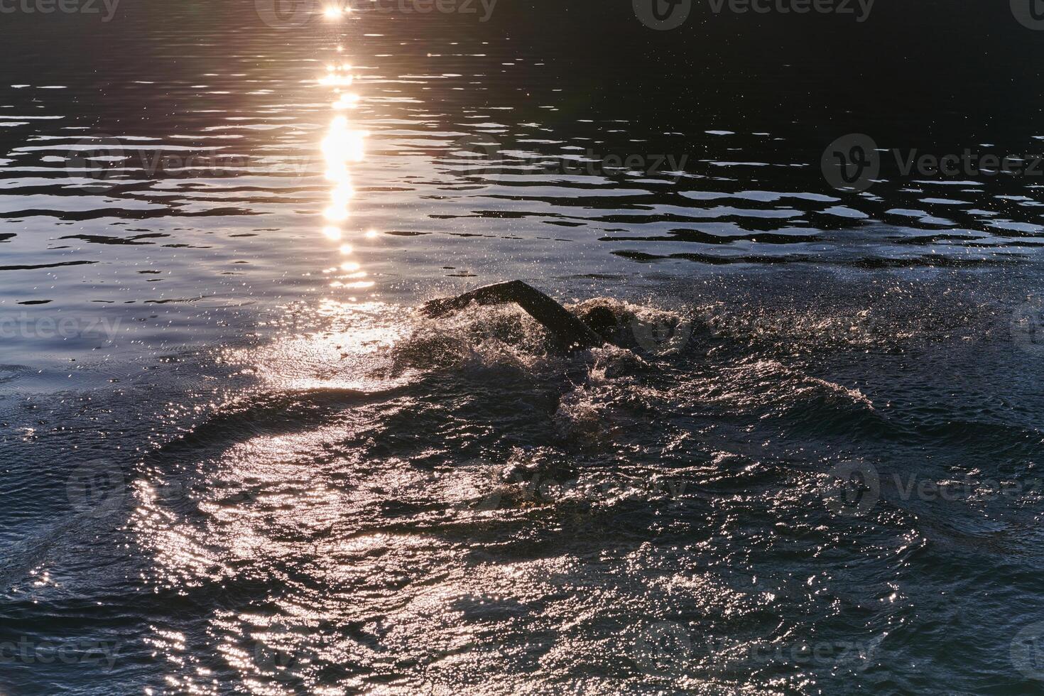 Triathlon athlete swimming on lake in sunrise wearing wetsuit photo