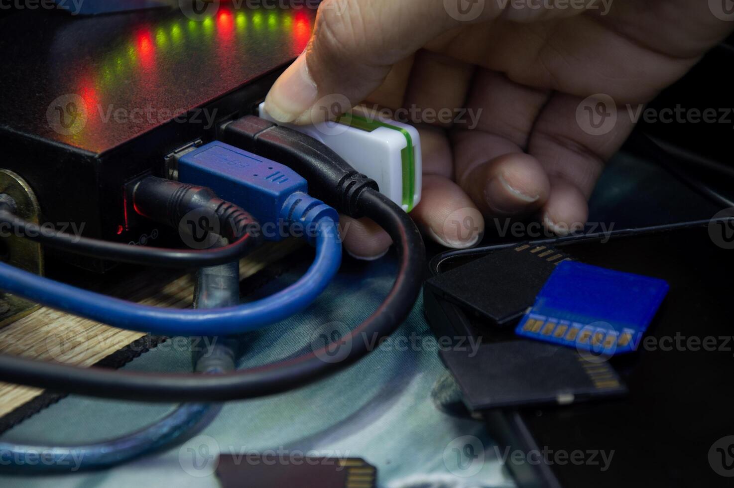 Using a flash drive, connecting to a computer via USB port. photo