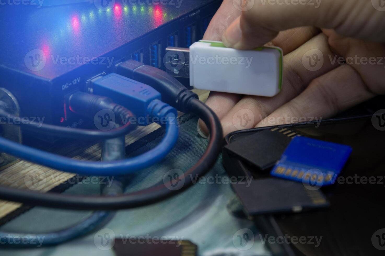 Using a flash drive, connecting to a computer via USB port. photo