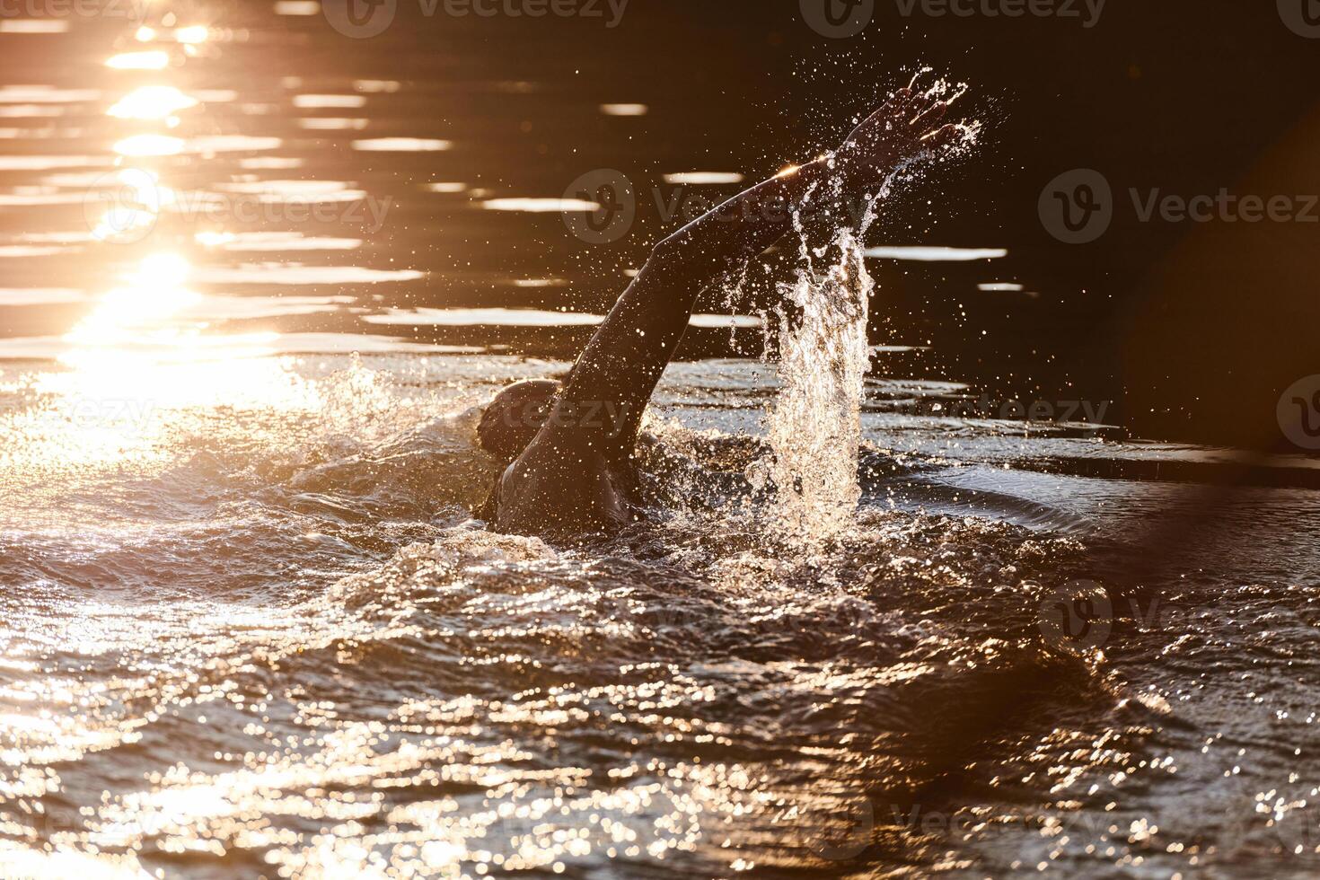 Triathlon athlete swimming on lake in sunrise wearing wetsuit photo