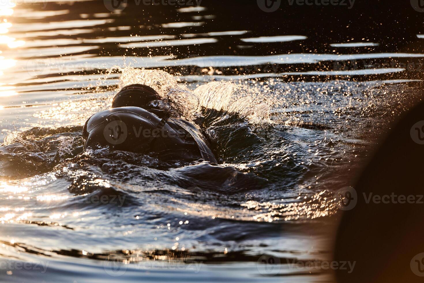 Triathlon athlete swimming on lake in sunrise wearing wetsuit photo