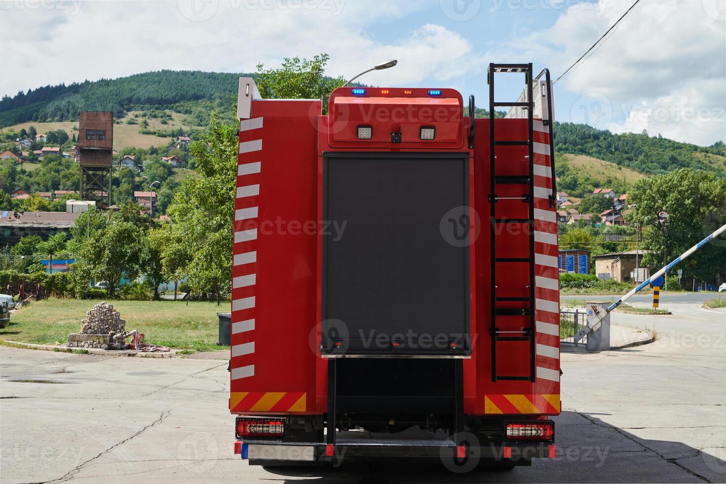 Close-up of essential firefighting equipment on a modern firetruck, showcasing tools and gear ready for emergency response to hazardous fire situations photo