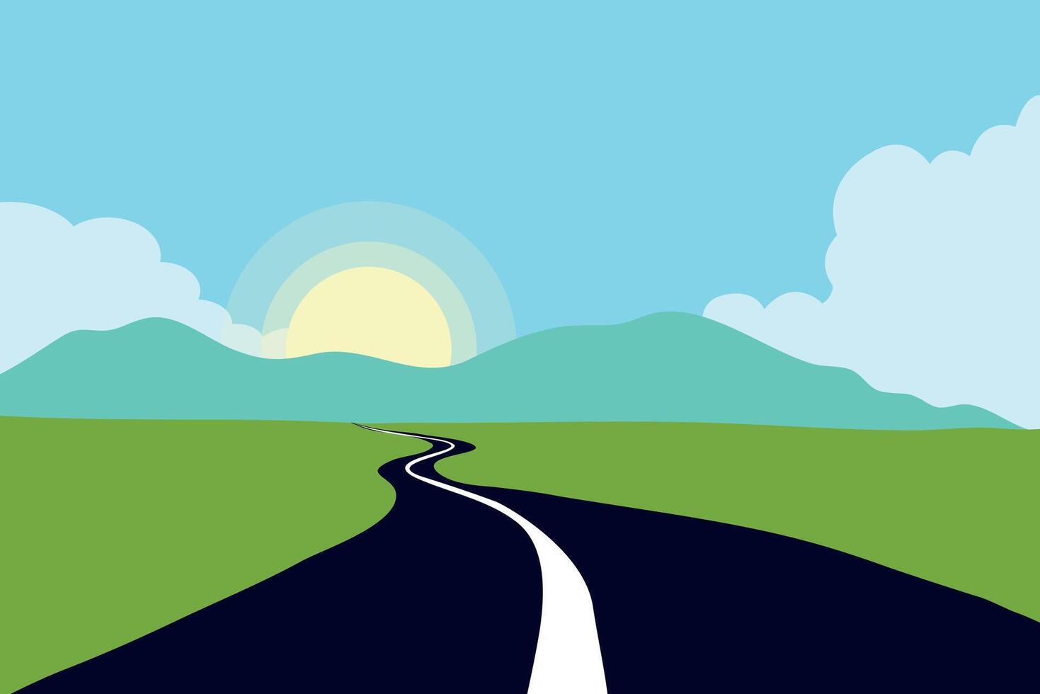 The road that cuts through green fields, mountains and sunshine in the morning. vector