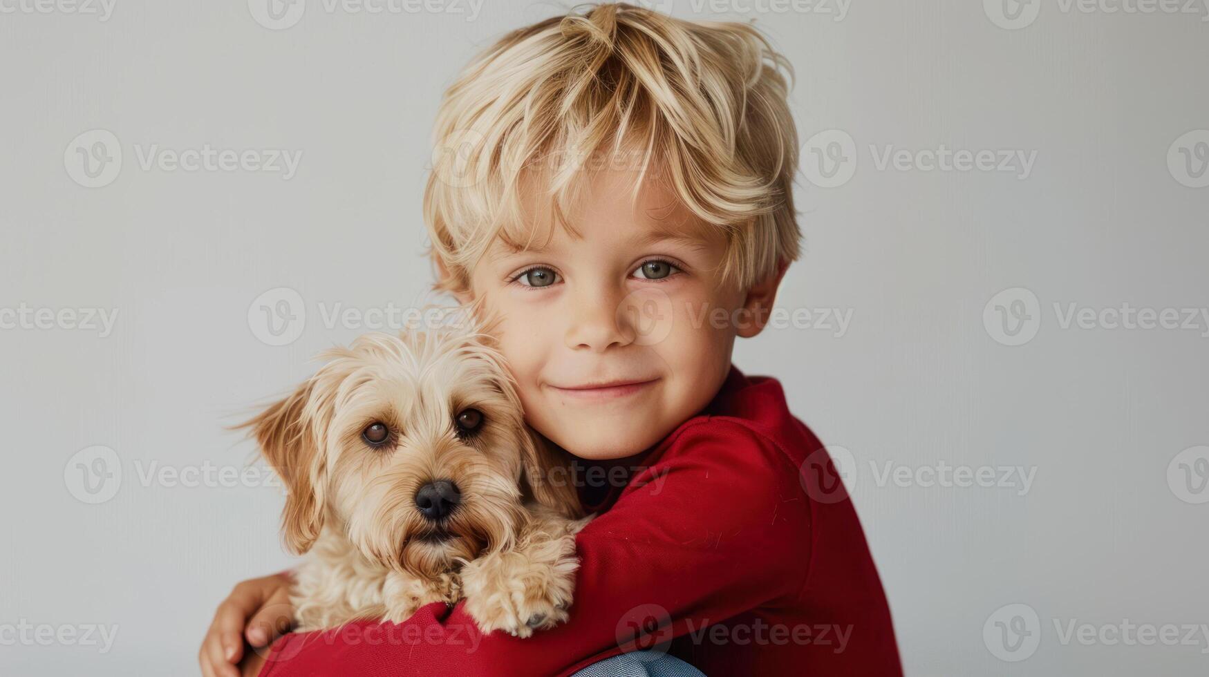 young blond boy with his puppy photo