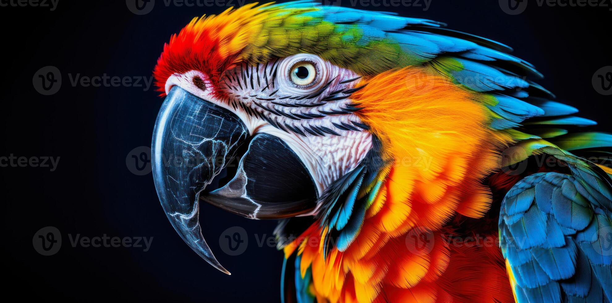 illustration of a multicolored parrot close up portrait against black background photo