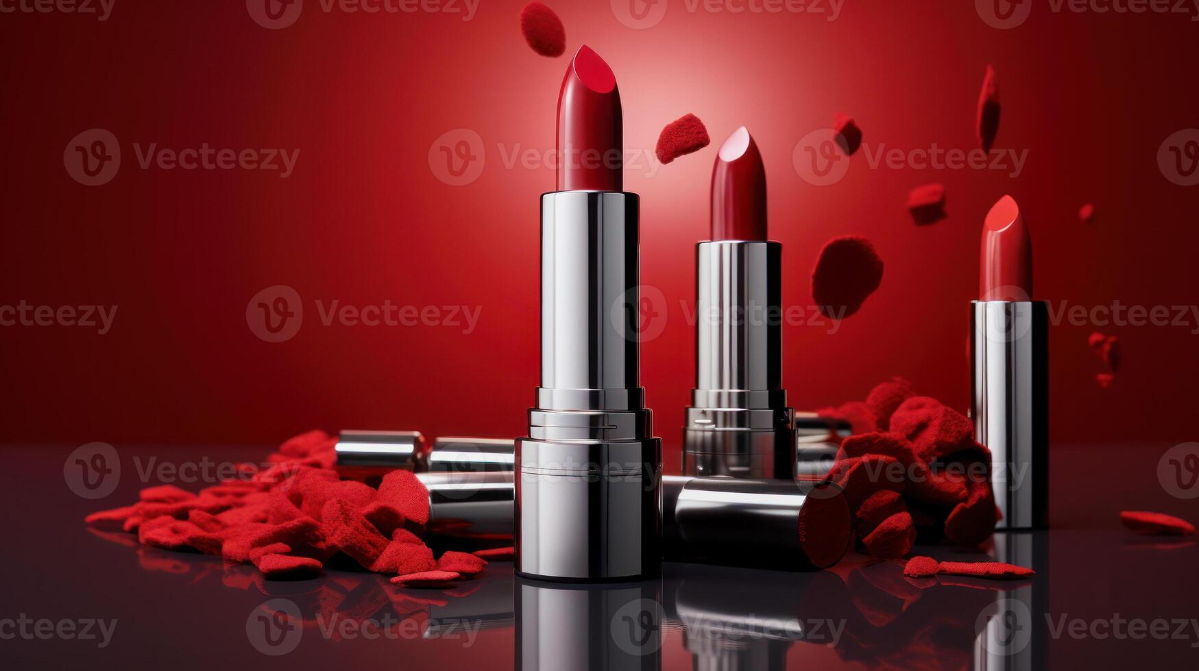 illustration of three red lipsticks against red background, product placement photo