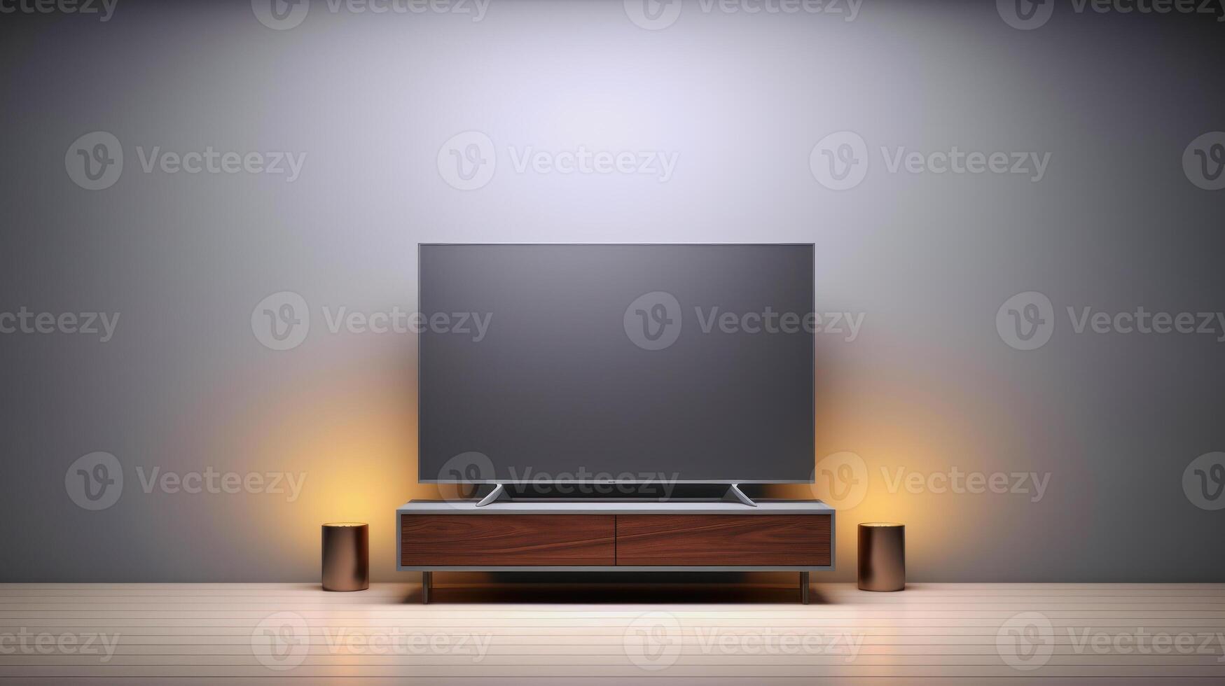 smart television on a small tv rack against gray wall in empty room photo