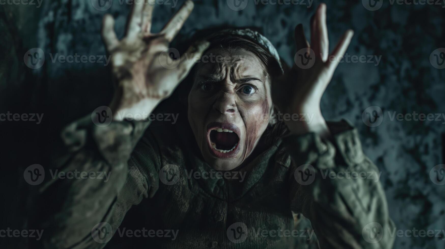 a middle age woman has a mental health about hallucination and stressed fear emotion photo