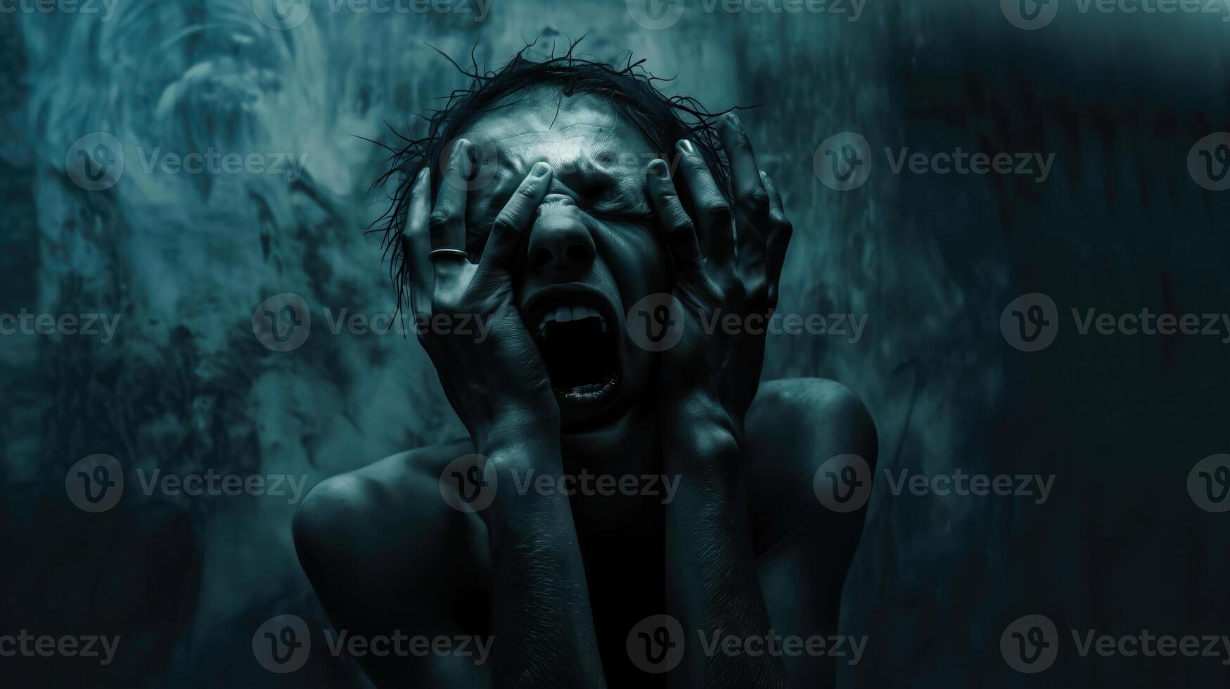 a young man has a mental health about hallucination and stressed fear emotion photo