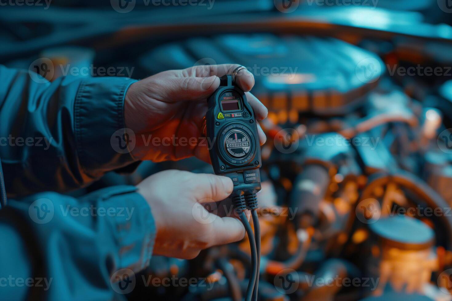 a hand holding a car battery tester with car engine as background photo