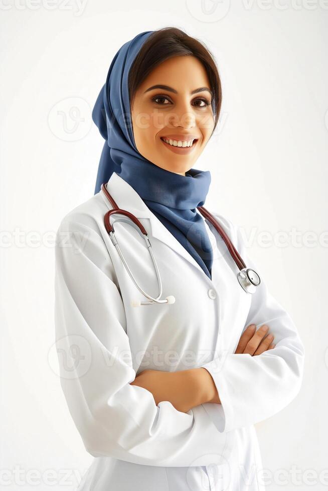 portrait of 25 years old arabian hijab female doctor with uniform and stethoscope. photo