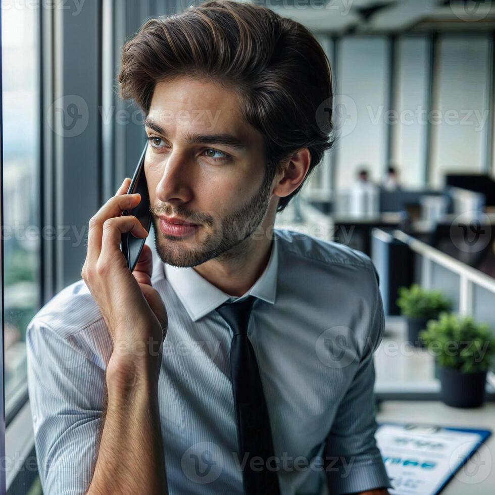 Male businessman in a shirt and tie talking on a mobile phone while looking out the window photo