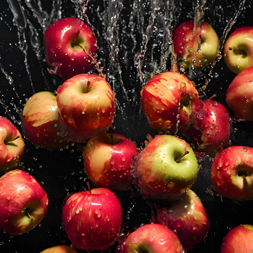 Fresh red apples splash in water, creating a vibrant and healthy image of nature's juicy goodness photo