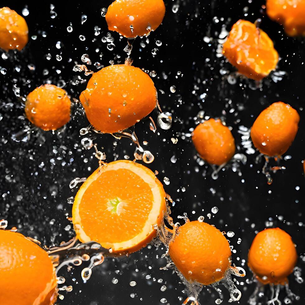 Fresh oranges splash into water, creating a vibrant burst of citrus goodness photo