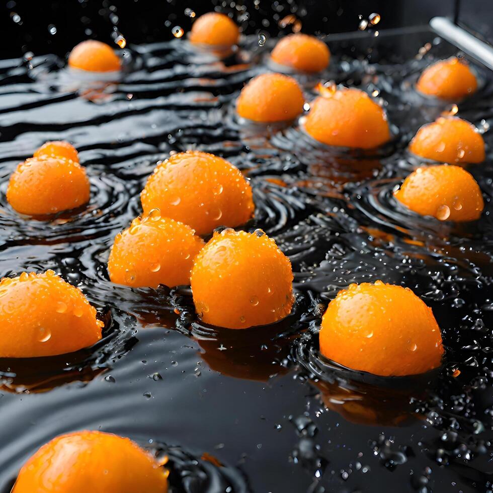 Fresh oranges splash into water, creating a vibrant burst of citrus goodness photo