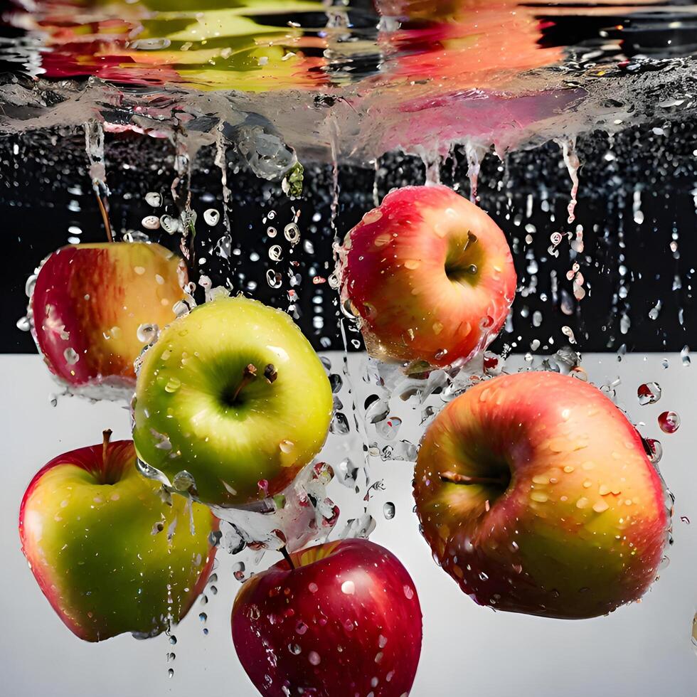 Fresh red apples splash in water, creating a vibrant and healthy image of nature's juicy goodness photo