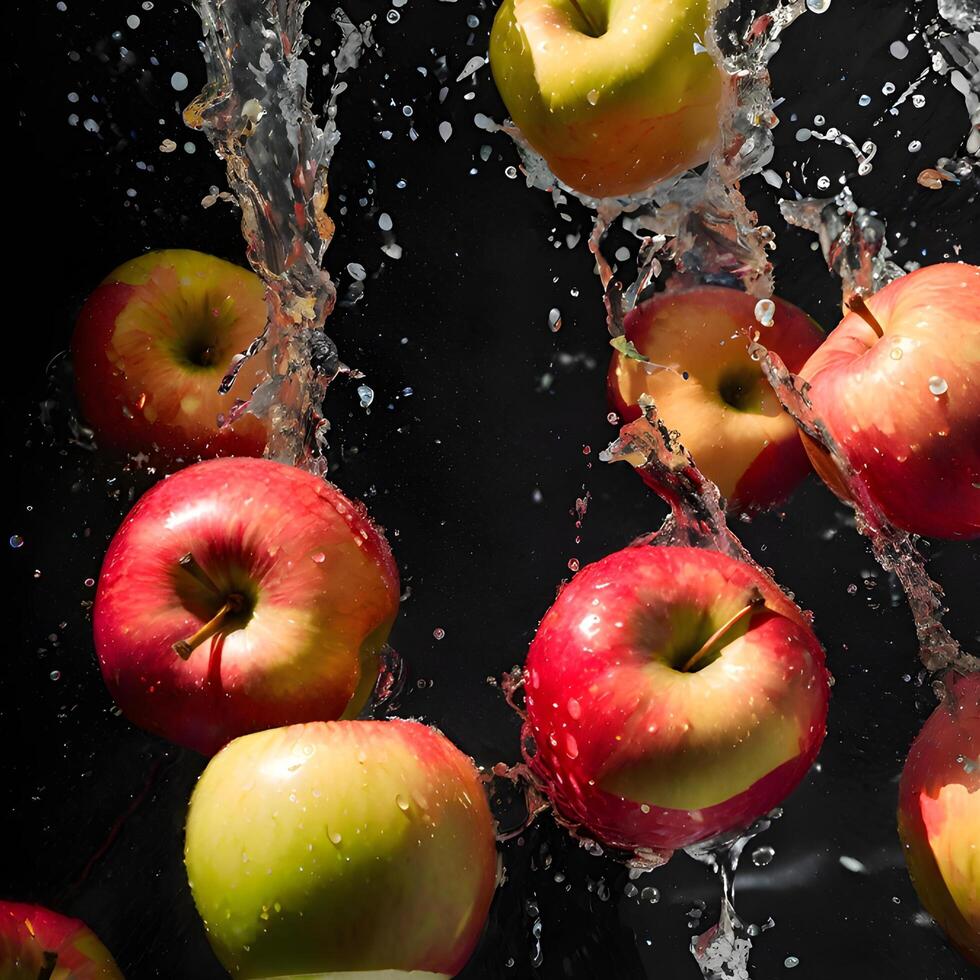 Fresh red apples splash in water, creating a vibrant and healthy image of nature's juicy goodness photo