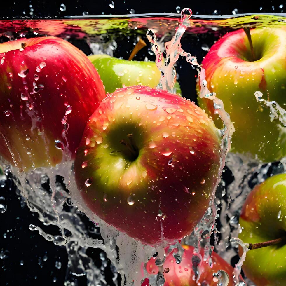 Fresh red apples splash in water, creating a vibrant and healthy image of nature's juicy goodness photo