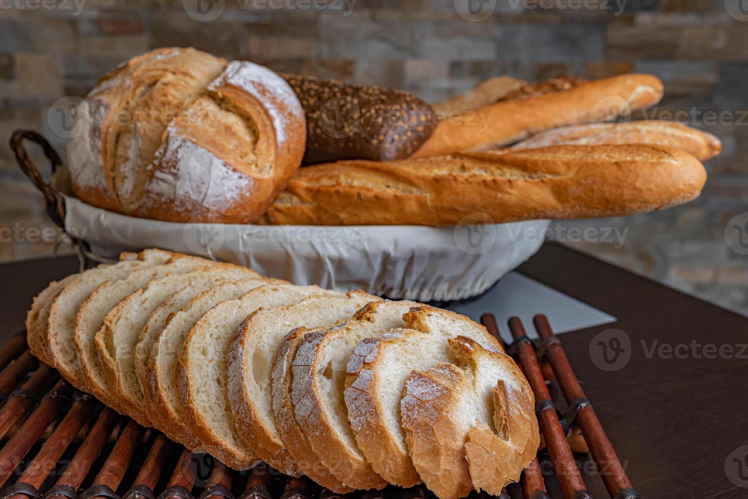 Fresh french bread on basket photo