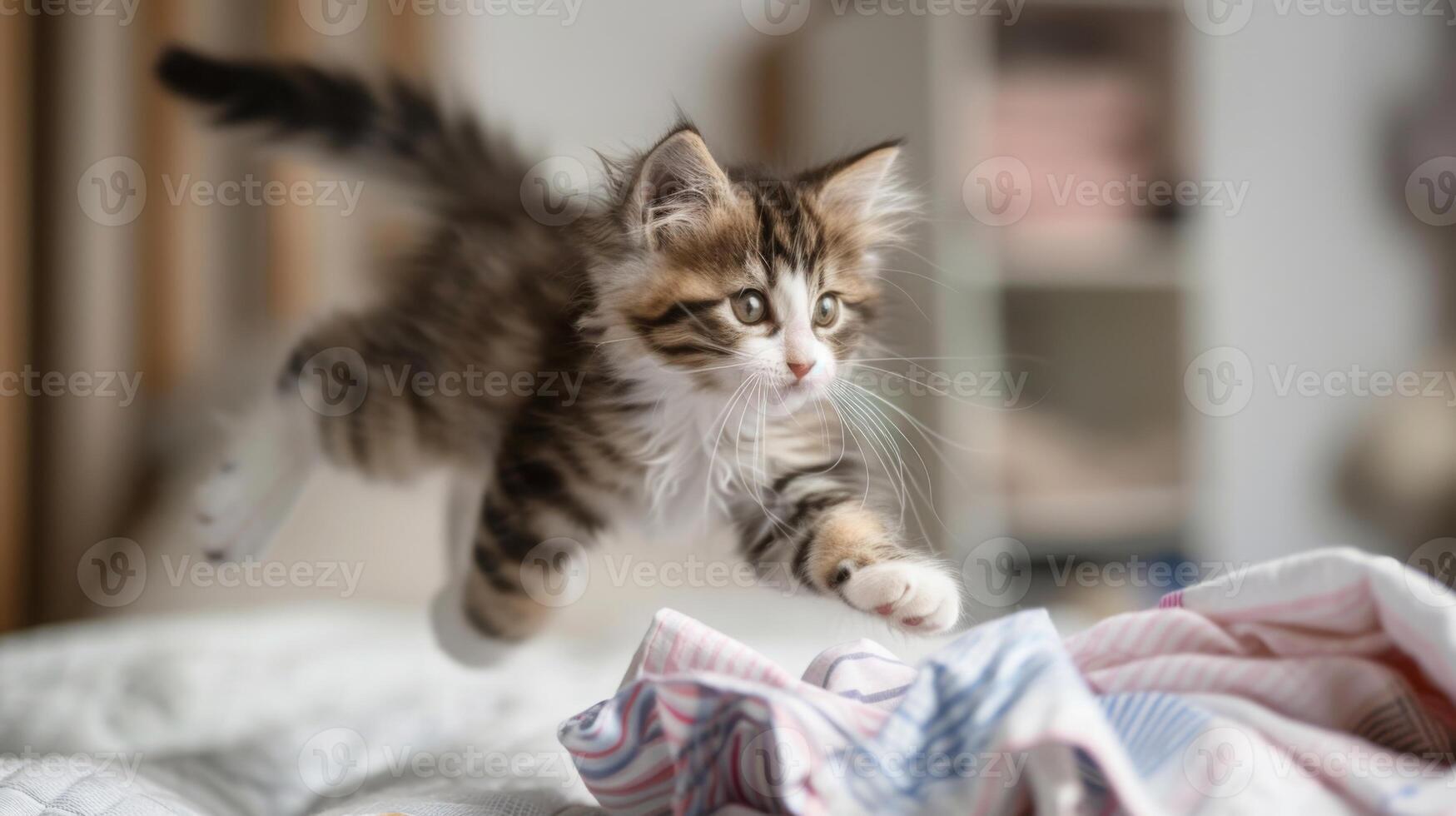 A playful kitten mid-leap towards a colorful blanket, capturing the energetic nature of a young feline. photo