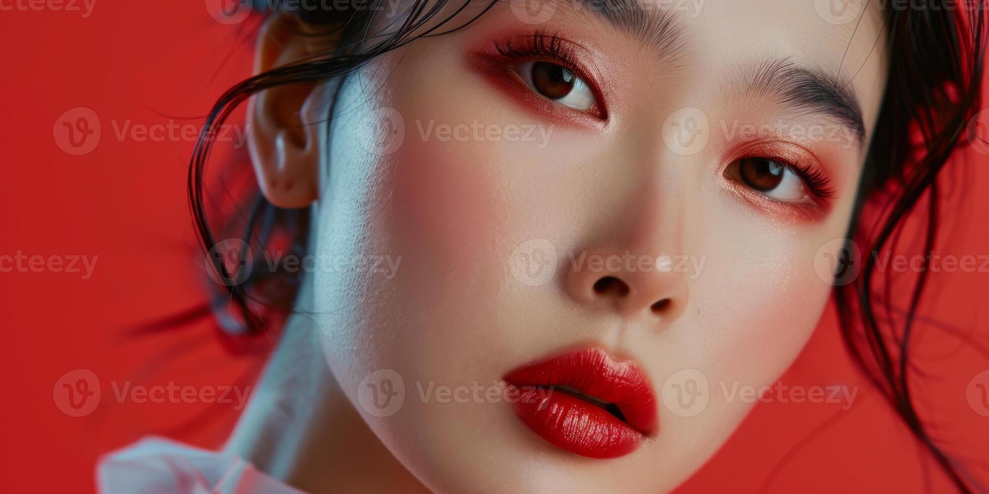 Sophisticated Chinese Woman Portrait, Bold Makeup, Geometric Space, AI Created photo