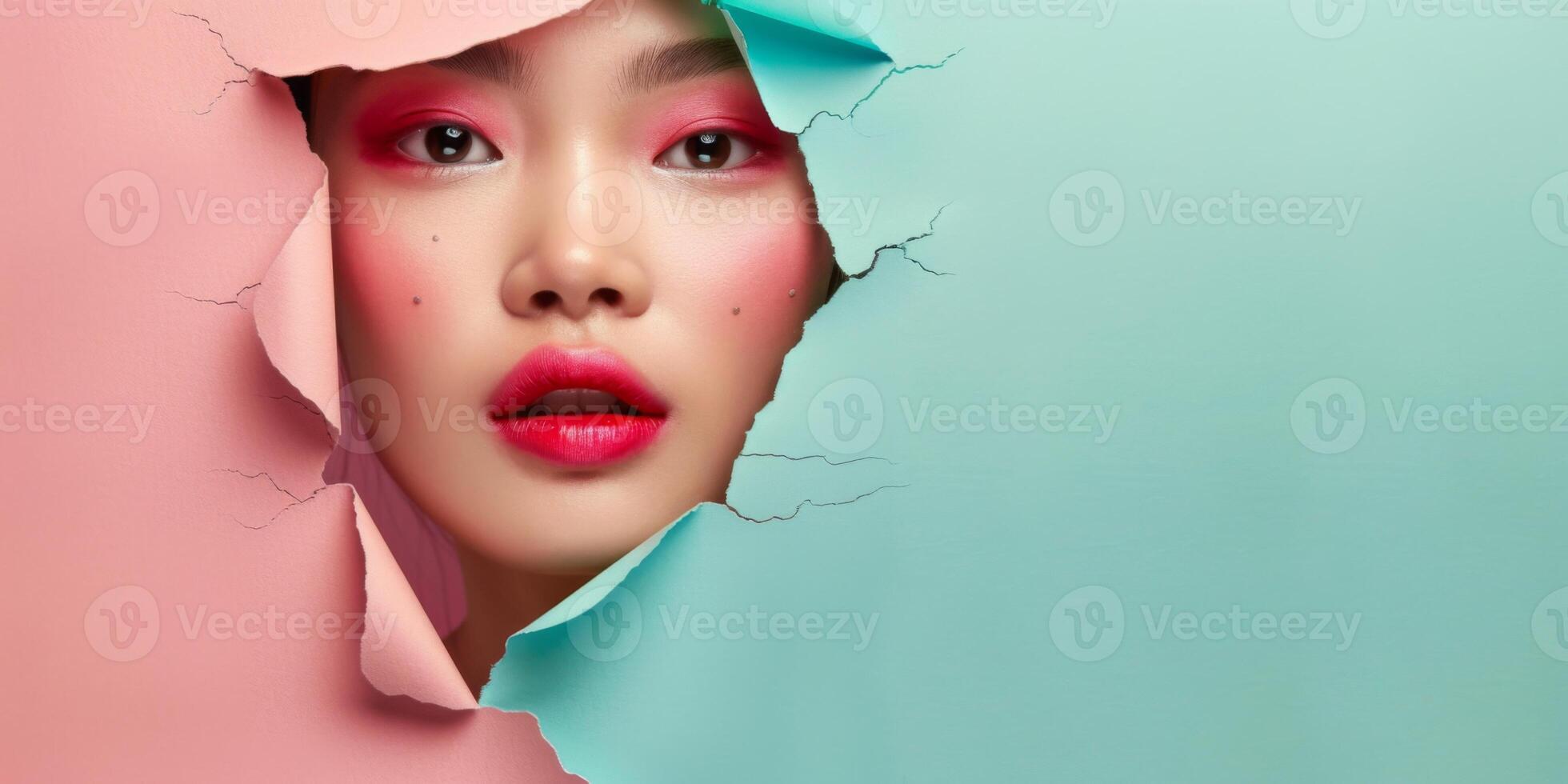 Vibrant Portrait of Asian Beauty Peering Through Pastel Paper AI Created photo