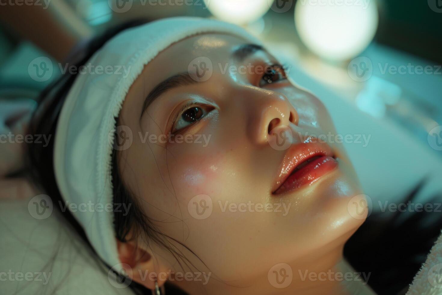Asian Woman in White Cap During Beauty Salon Procedure, AI Created photo