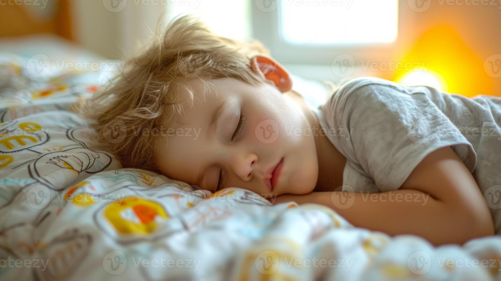 Cute little boy sleeping in bed at home. Sweet dreams. photo
