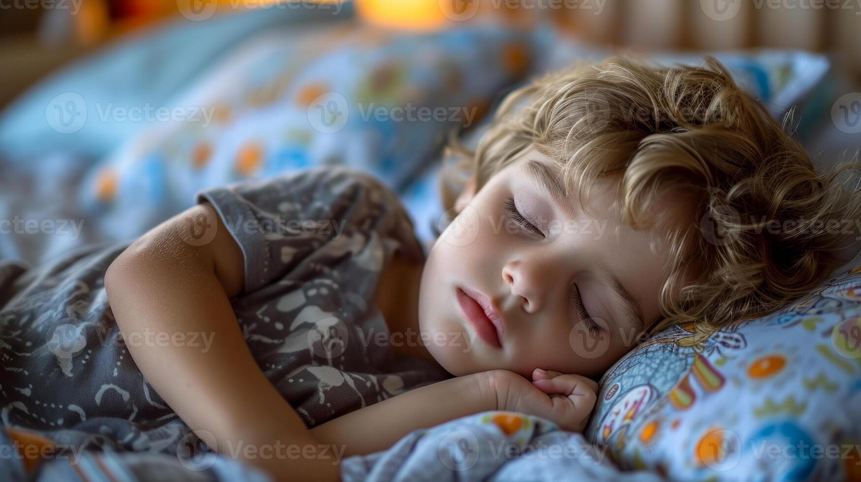 Little cute boy sleeping in bed at home. Cute child with blond curly hair. photo
