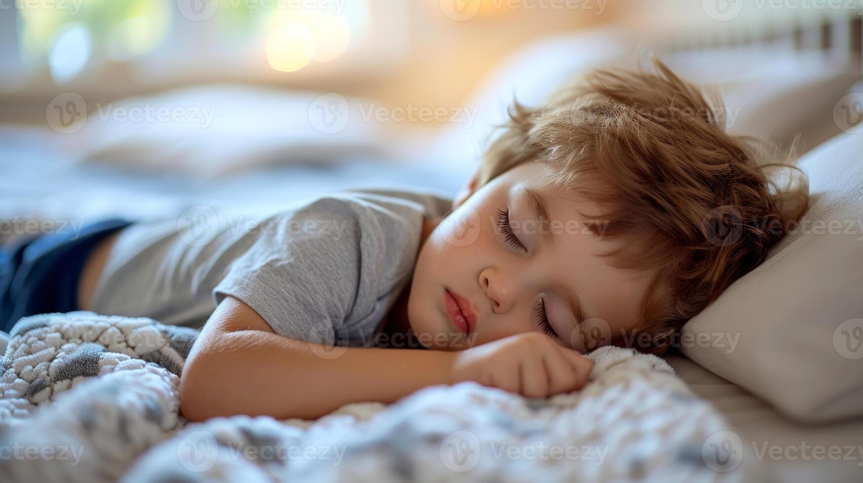 Cute little boy sleeping on bed at home. Adorable kid lying in bed at home. photo