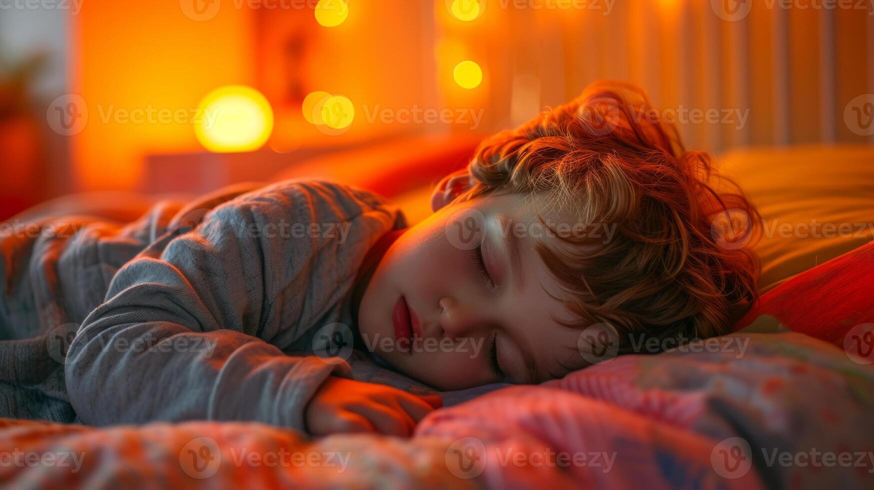 Cute little red-haired boy sleeping in bed at home. photo