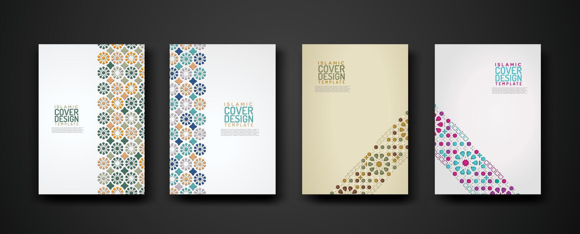 Set islamic cover design template with colorful detail and texture of floral mosaic islamic art ornament. vector